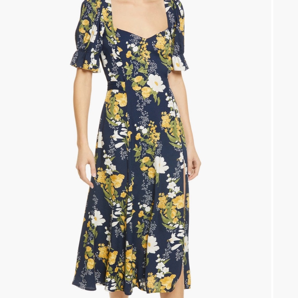 Reformation Dulcie Floral Midi Dress Navy Yellow White Size 0 Tie Waist